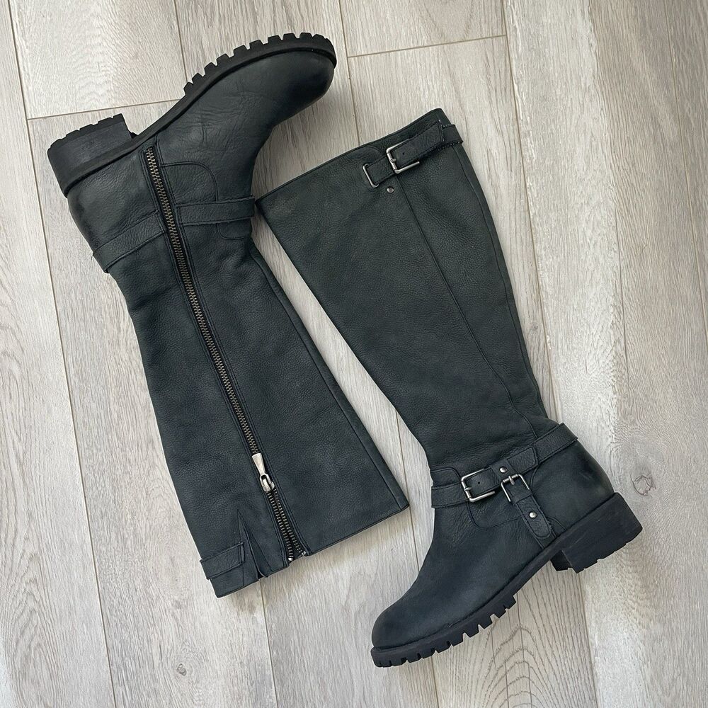Leather Knee-High Boots buckle zip womens Blue (size 6.5) grunge riding classic